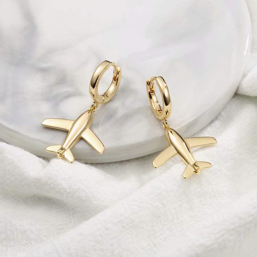 Turandoss Huggie Hoop Earrings for Women 14K Gold Plated Dainty Airplane Charm Dangling Non Tarnish Hypoallergenic Jewelry Gifts for Women Girls Trendy