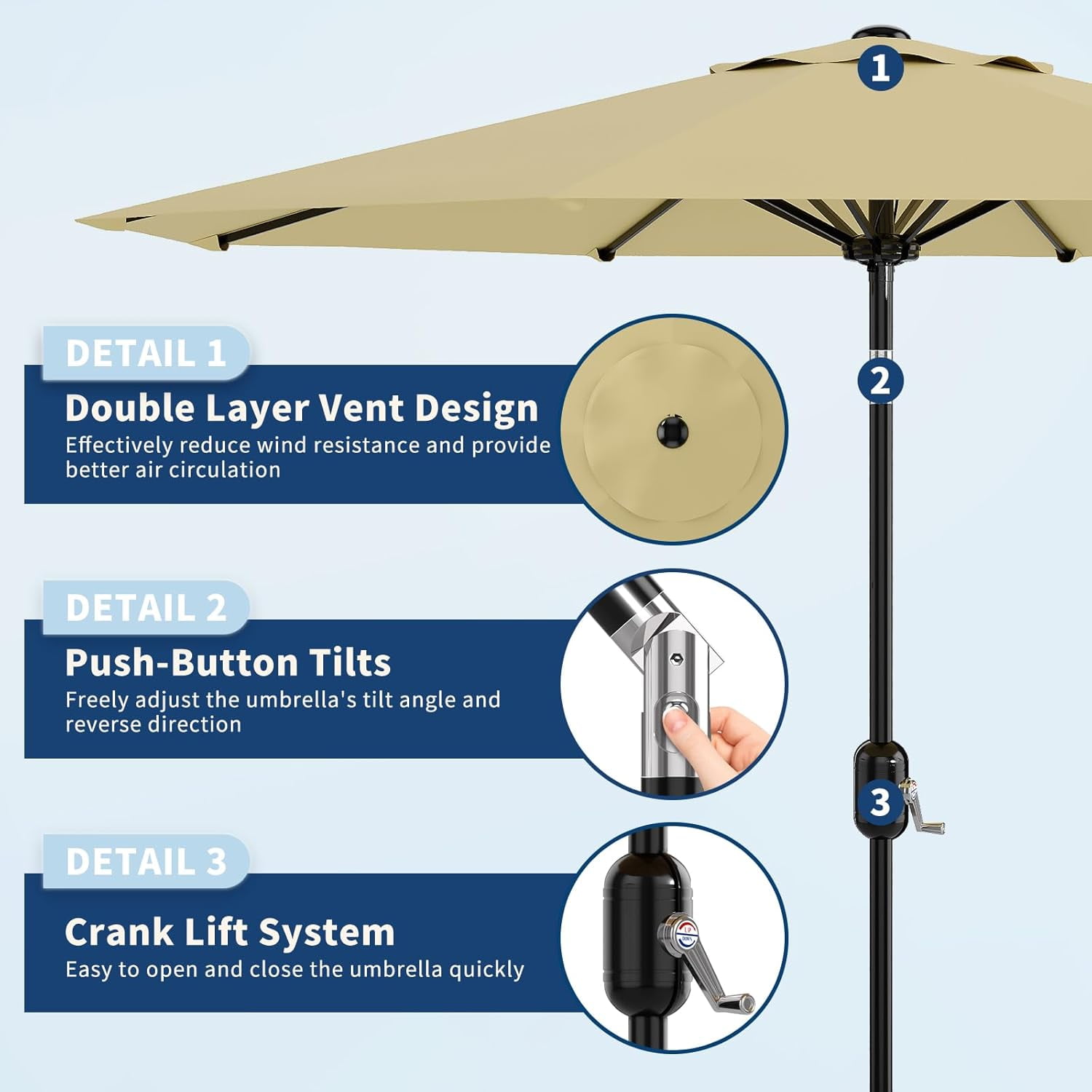 Home Outdoor 10ft Patio Umbrella, Table Umbrella Patio with Crank Lift & Push Button Tilt, 8 Sturdy Ribs Table Umbrella, Market Umbrella Sturdy Ribs UV Protection Waterproof for GardenYard, Deck, Pool