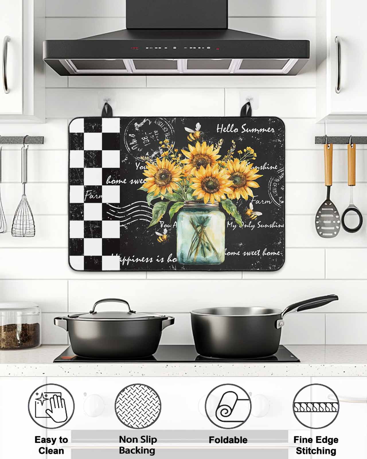 Stove Top Covers for Electric Stove, Sunflower Glass Stovetop Cover Protector, Black White Check Farmhouse Bee Vase Floral Induction Cooktop Protector Oven Mat for Kitchen Countertop 24"x21"