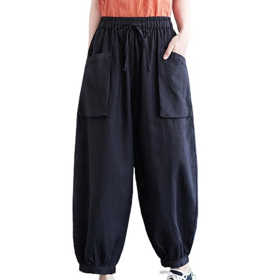 IDALL Linen Pants Women Wide Leg Pants Woman Casual Loose Nine Point Pants Women Bloomers Summer Style Literary And Artistic All Elastic Waist Women Pants Baleaf Pants Women Baggy Pants Black L