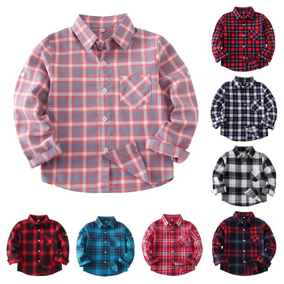 QSXADF Boys Girls Plaid Shirt Jacket Button Down Shirts Kids Long Sleeve Regular Plaid Button Up Collared Shirt Jacket Casual Fall Layering Top Children's Outwear