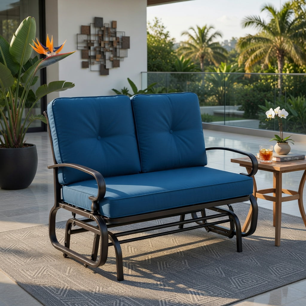Hommoo 2-Person Outdoor Swing Glider Bench with Cushions, Steel Frame, Olefin Fabric, Patio, Porch & Backyard Seating, Navy
