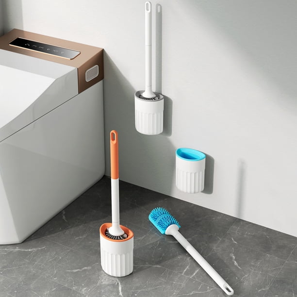 Cepillo de inodoro con juego de soporte - cabeza de cepillo de silicona, resistente al óxido, montable en la pared, azul/gris/naranja, mango de 17,32"