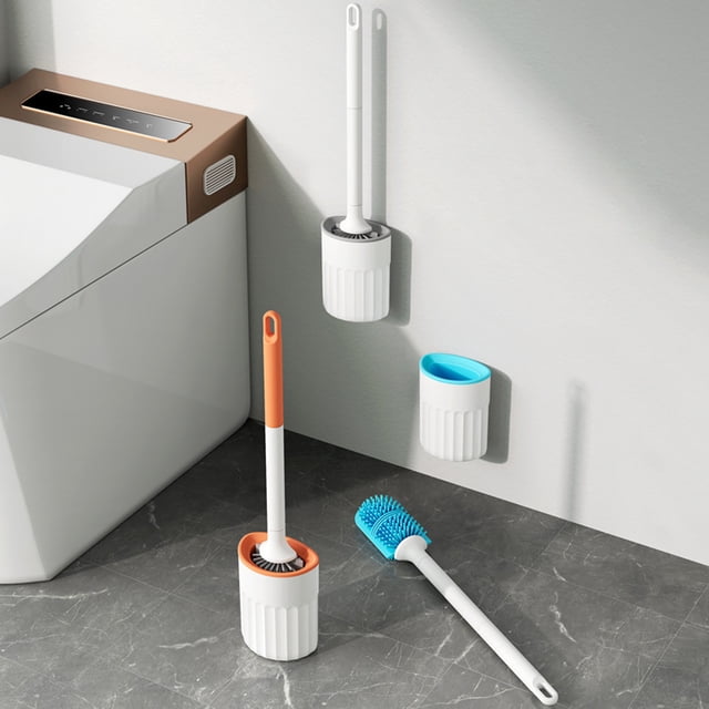 Cepillo de inodoro con juego de soporte - cabeza de cepillo de silicona, resistente al óxido, montable en la pared, azul/gris/naranja, mango de 17,32"