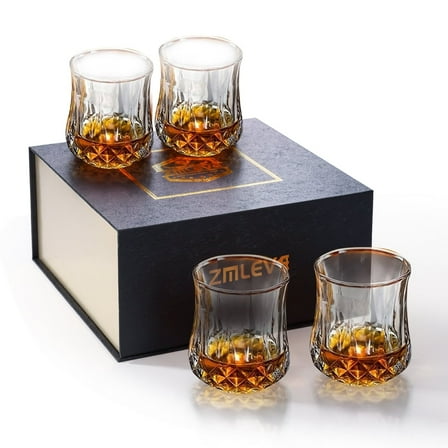 Zmleve Whiskey Glasses Set of Gift Box , 10oz Lead-Free Crystal Glass Old Fashioned Tumbler, Heavy Base Scotch Bourbon Rum Brandy Glasses, Elegant Etched Design,-4 Pack