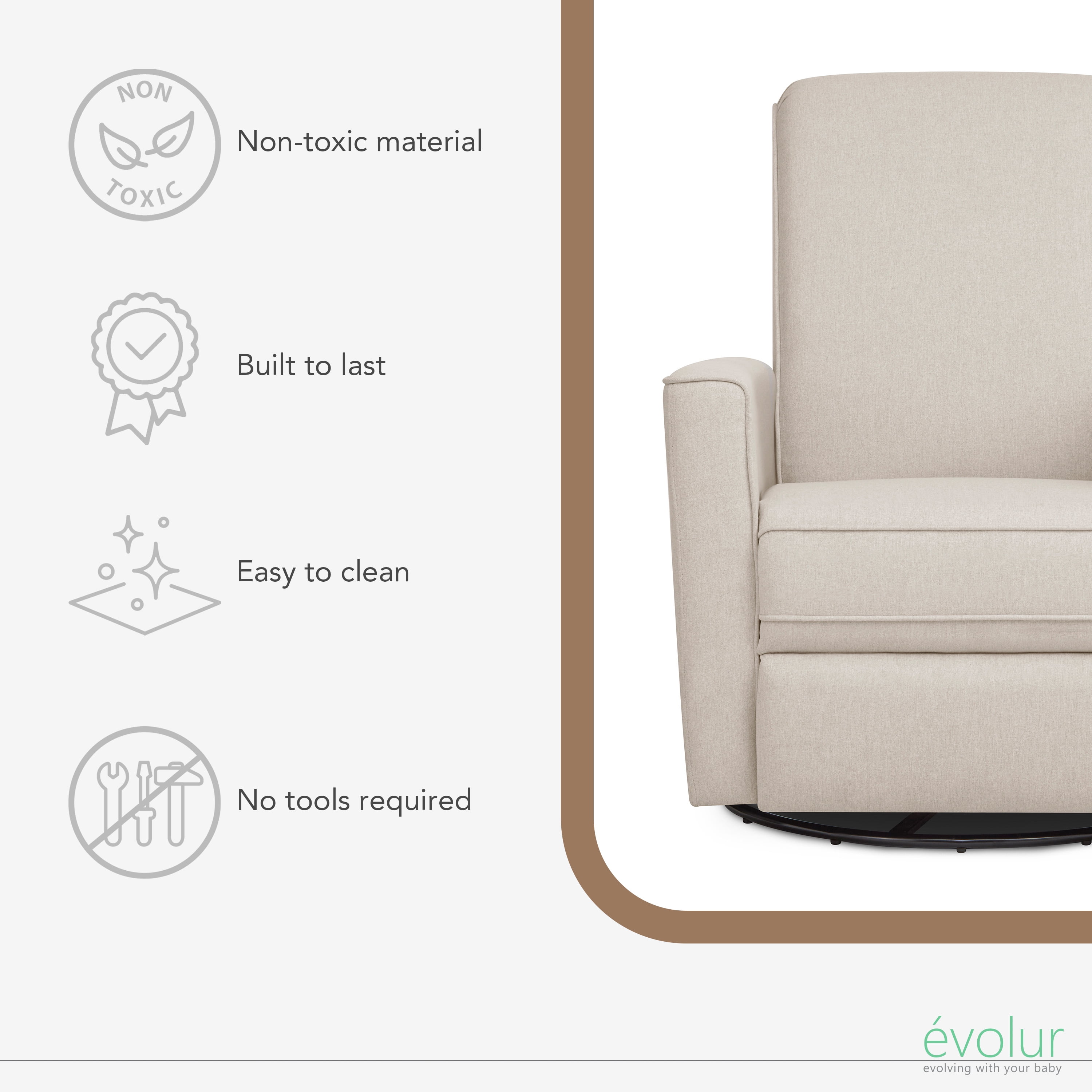 Evolur Raleigh Nursery Glider Recliner and Rocking Chair in Light Sand, 360° Swivel Motion, Multiple Recline Positions, Easy to Clean, FSC and Greenguard Gold Certified