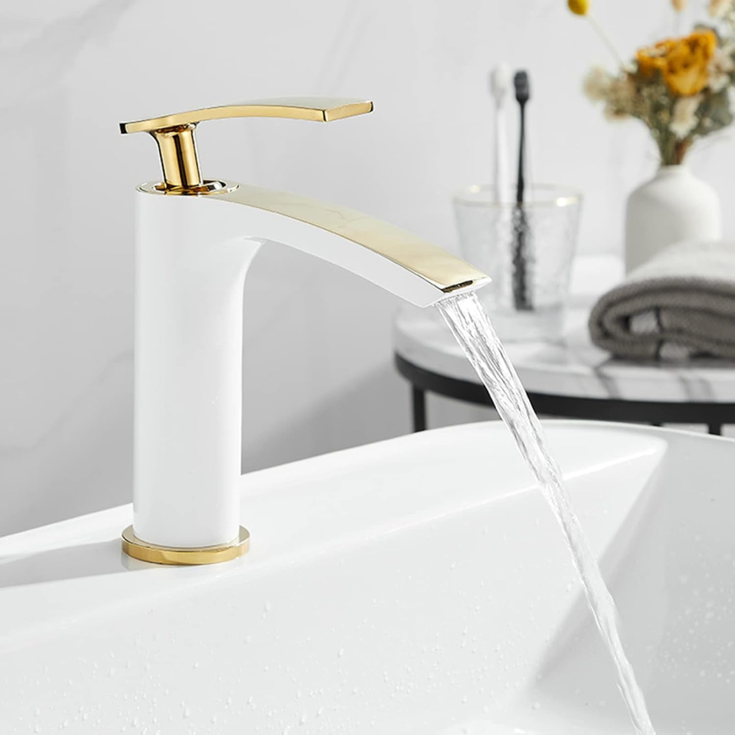 Waterfall Bathroom Faucet, Brass Faucet Bathroom, Hot and Cold Water Mixer Tap, Single Handle Waterfall Bathroom Sink Faucets White Gold, Short