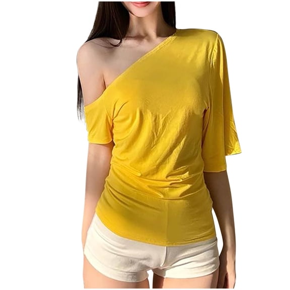 Annhoo Womens Off The Shoulder Tops Oversized Short Sleeve Solid Color Shirts Spring Summer Casual Clothes