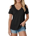 thumbnail image 2 of vigerkar Womens V Neck Cold Shoulder Tops Short Sleeve Summer T Shirts Basic Tees (Black, L), 2 of 7