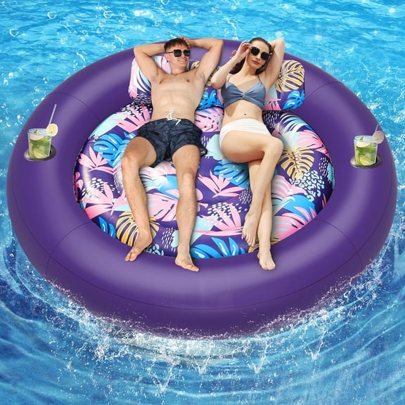 Inflatable Pool Floats,  Tanning Pool - Giant Pool Floats for Adults Heavy Duty with Pillow and Cup Holders, Round Pool Rafts, for Backyard, Swimming Pool Party, Lake