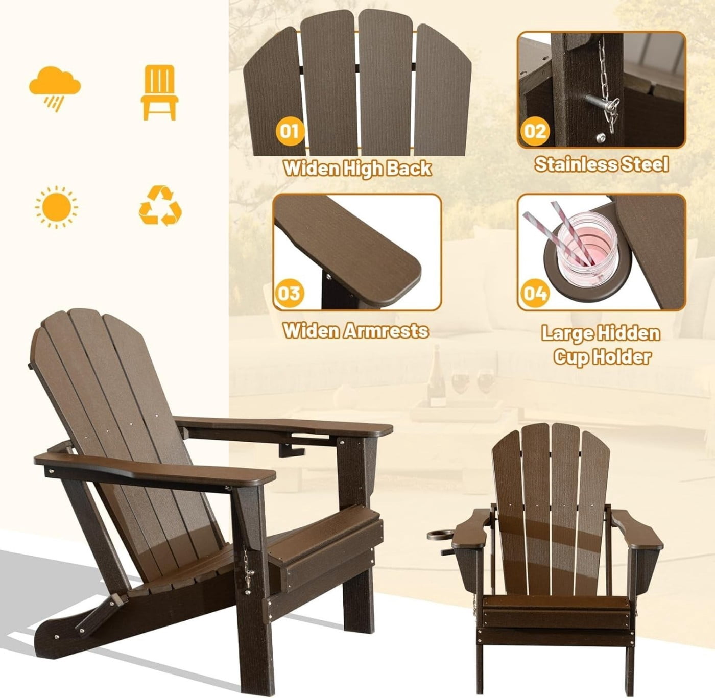 Adirondack Chairs Set of 2, Folding HDPE Outdoor Chairs with Cup Holders, Weather Resistant Patio Chairs with Wood Grain Finish for Lawn, Deck, Fire Pit, Brown