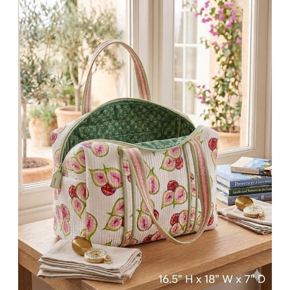 Elegant Quilted Fig Print Tote Bag for Women, Spacious Cotton Shoulder Handbag with Zipper, Stylish Travel Shopping Everyday Bag