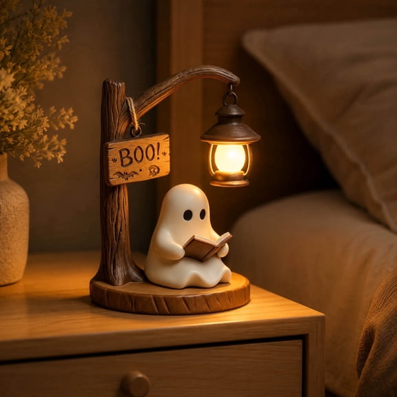 XMMSWDLA Halloween Ghost Reading Book Resin Night Light, Cute 3D LED Boo Lantern, Gothic Table Decor for Desk Shelf Home Office, Holiday Gift Ornament