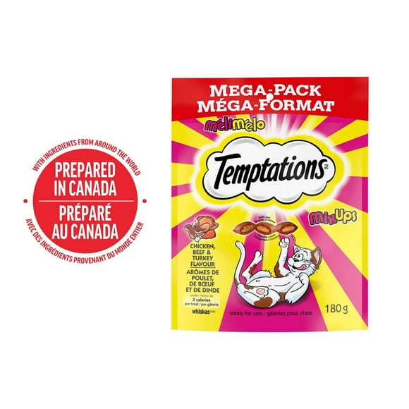 Gâteries pour chats Temptations Mélimélo arômes de poulet, de bœuf et de dinde, tendres à l'intérieur, croquantes à l'extérieur 180 g