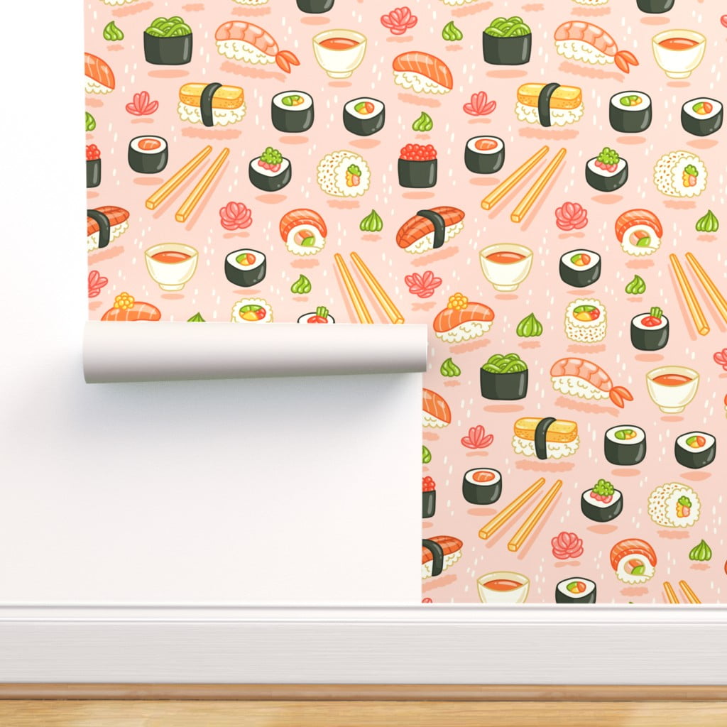 Removable Water Activated Wallpaper Kawaii Sushi Pink Japanaese Food Pattern Walmart Com Walmart Com