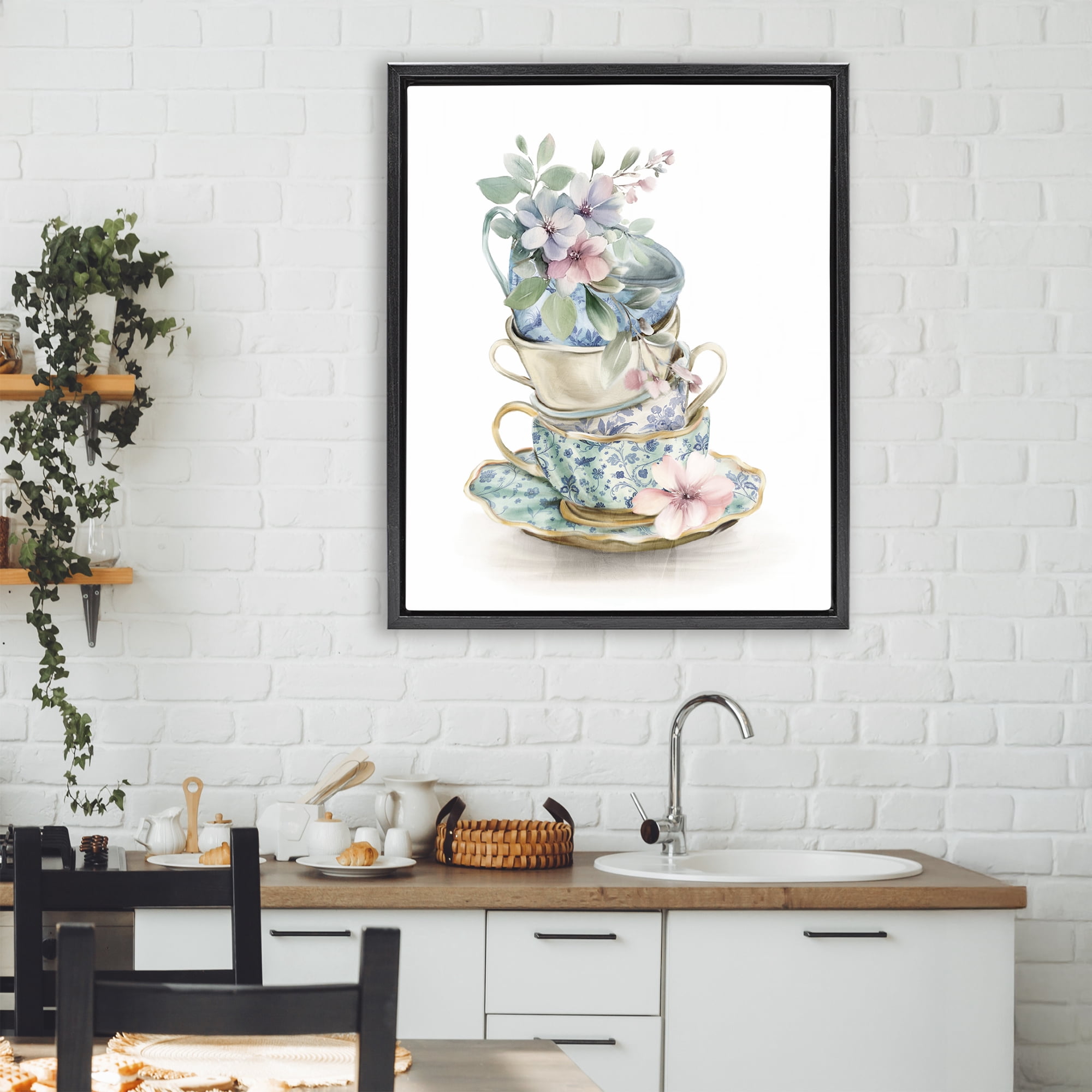 Stupell Industries Floral Teacup Chinoiserie Black Framed Floater Canvas Wall Art, design by Kim Allen