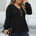 thumbnail image 5 of VINUSLI Long Sleeve Fitted Sweaters for Women Ribbed Knit Babydoll Ruffled Hem Cute Sweatshirts Plus Size V Neck Button Down Peplum Pullover Tops Black,XL, 5 of 7