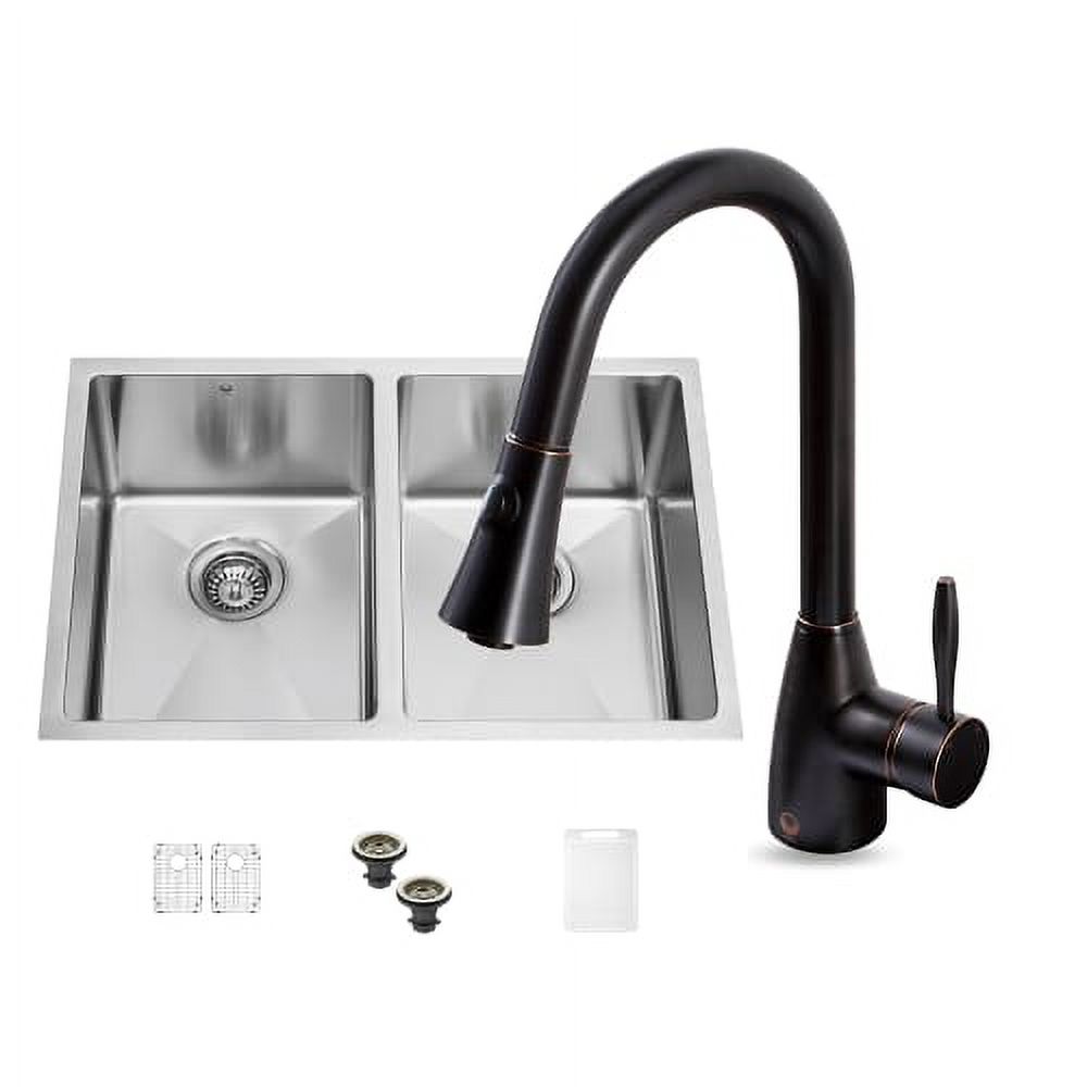 VIGO 29" Undermount Stainless Steel 16-Gauge Stainless Steel Double Kitchen Sink and Aylesbury Antique Rubbed Bronze Pull-Down Spray Kitchen Faucet - image 5 of 6