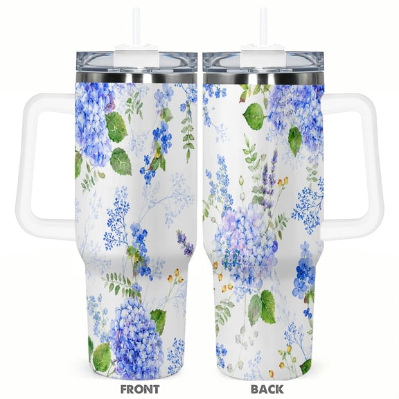 40oz Watercolor Blue Hydrangea Floral Botanical Insulated Tumbler with Handle and Straw Travel Cup Car Cup