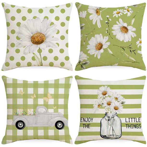Spring and summer small daisy flower pillow cover green plaid striped