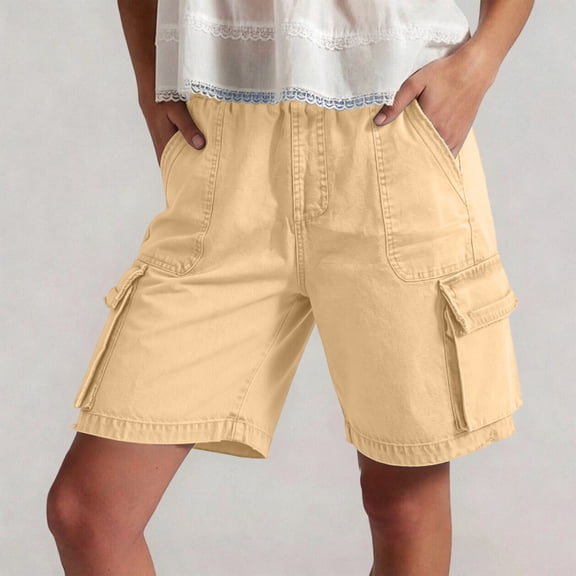 Ladies Jean Shorts Women's Denim Cargo Shorts Elastic Waist Wide Leg Comfortable Casual Bermuda Jeans Loose Fitting Outdoor Shorts Khaki L