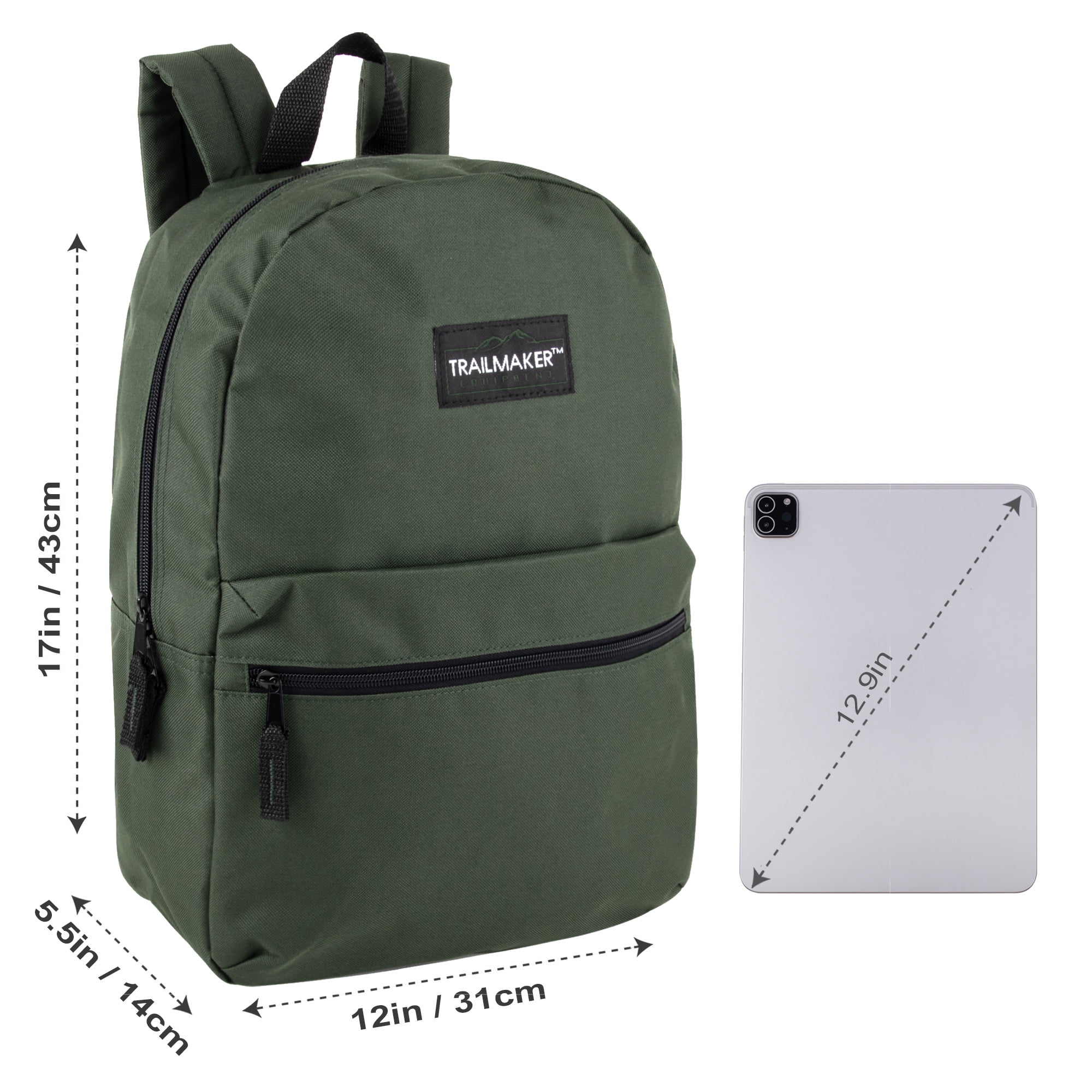 Classic Solid Color 17 Inch Backpack with Front Zipper Accessory Pocket, Dual Zipper Closure & Padded Shoulder Straps for Work, Office, Gym, Sports, Travel, Commute & Recreation in Hunter Green