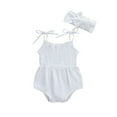 thumbnail image 1 of Baby Girls Summer Romper with Hair Band Solid Color Sling Shoulder Tie Outfit, 1 of 9