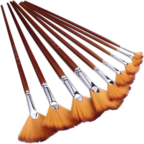 HLONK Drawing Painting Brush Fan Brushes Fan Art Paintbrushes Artist Soft Anti-Shedding Nylon Hair Paint Brush Set for Acrylic Watercolor Oil Gouache Painting Long Handle (9 Pcs Fan Bru