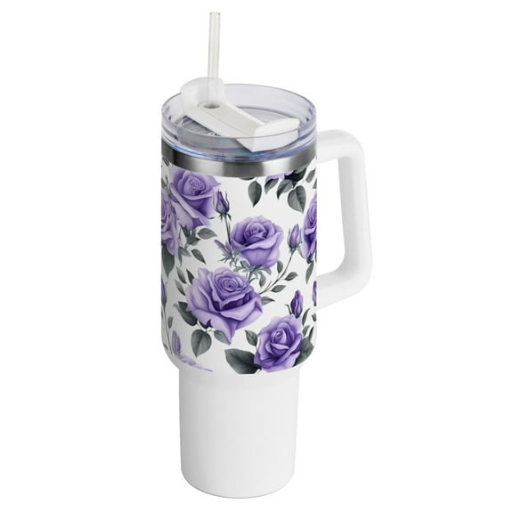 Rose Flowers Purple 40 oz Tumbler with Handle and Straw Insulated Travel Mug Reusable Stainless Steel Water Bottle
