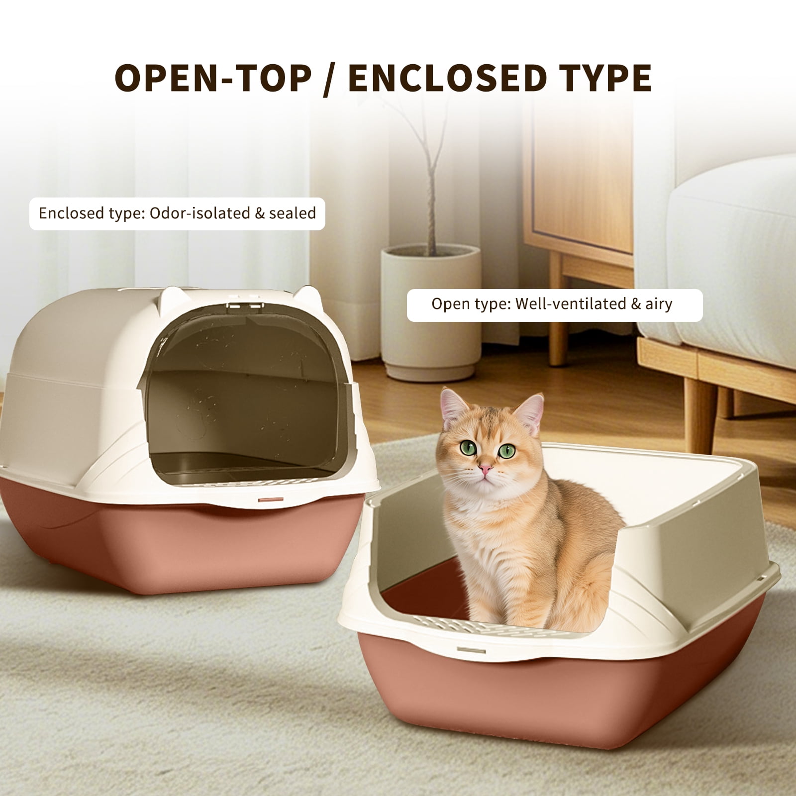 Portable Cat Litter Box with Handle, Fully Enclosed Front Entry & Litter Filter Pedal, Covered Kitty Toilet for Odor Control, Large Space Design, Pink