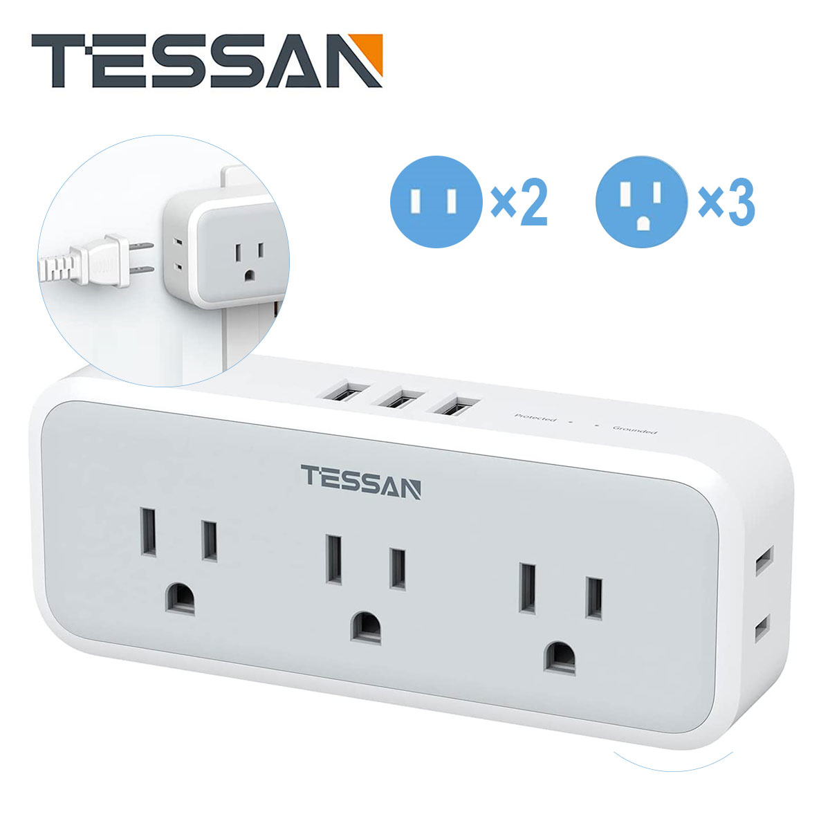Multi Plug Wall Outlet with 3 USB Charger Surge Protector for Hotel and Bedroom