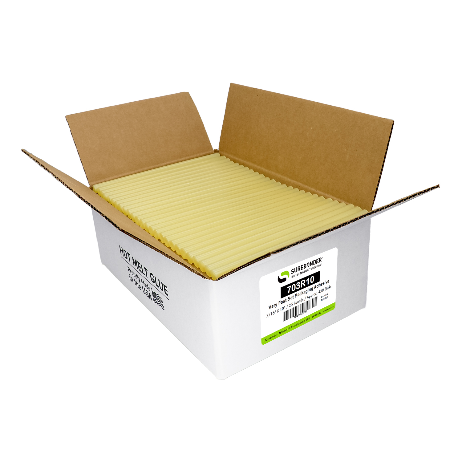 Surebonder 703R10 Full Size 10" Fast Set Packaging Hot Glue Stick for Corrugated Boxes - 25 lb Box, 450 Glue Sticks