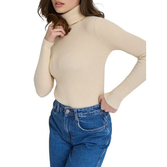 Suéteres Acanalados para Mujer, Lindos Suéteres de Punto de Cuello Alto, Ajustados y Cálidos Albaricoque un Tamaño