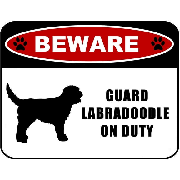 Beware Guard Labradoodle (silhouette) on Duty 11.5 inch x 9 inch Laminated Dog Sign