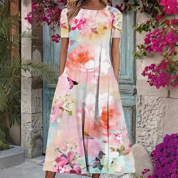 Puntoco Vestido Casual De Cuello Redondo De Manga Corta Con Estampado De Flores Y Bolsillos Sueltos Para Mujer Rosa Xxxxl,Regalos Para Mujer Joven