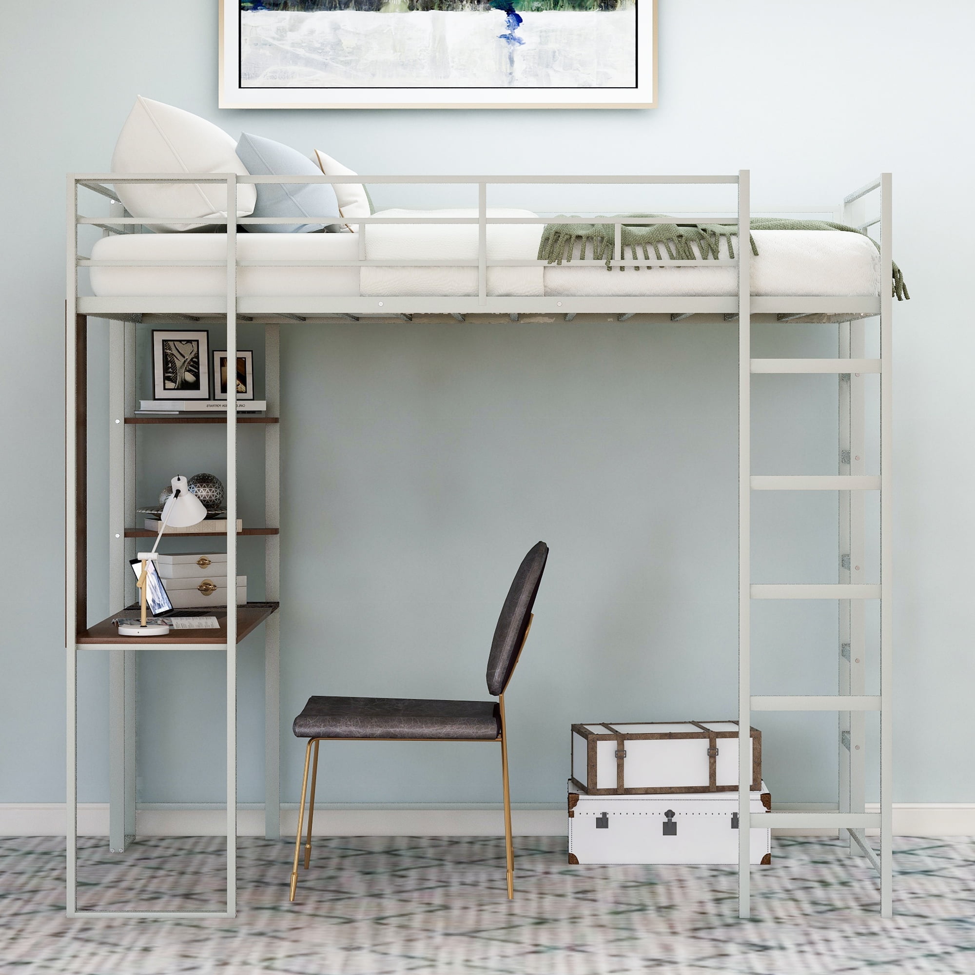 Aukfa Metal Twin Loft Bed with Desk and Shelves for Kids, Teens, Dorm, Double Ladder - Silver