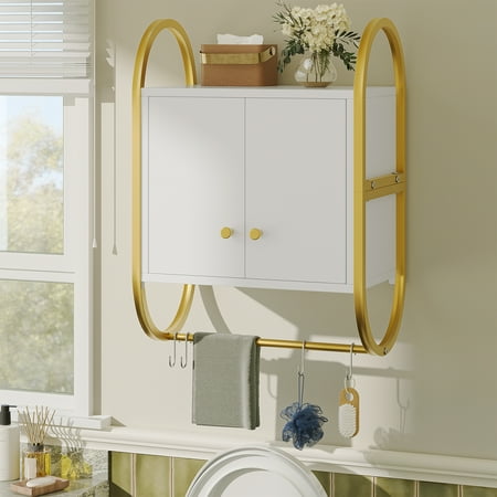 Bestier Wall-Mounted Bathroom Cabinet Storage over Toilet, Medicine Cabinet, Kitchen Cabinet with Towel Bar & 4 Hooks in White