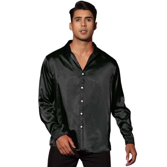 Vestido de hombre Satén con cuello en V Mangas largas Botones Slim Fit Camisas de fiesta de graduación Negro L