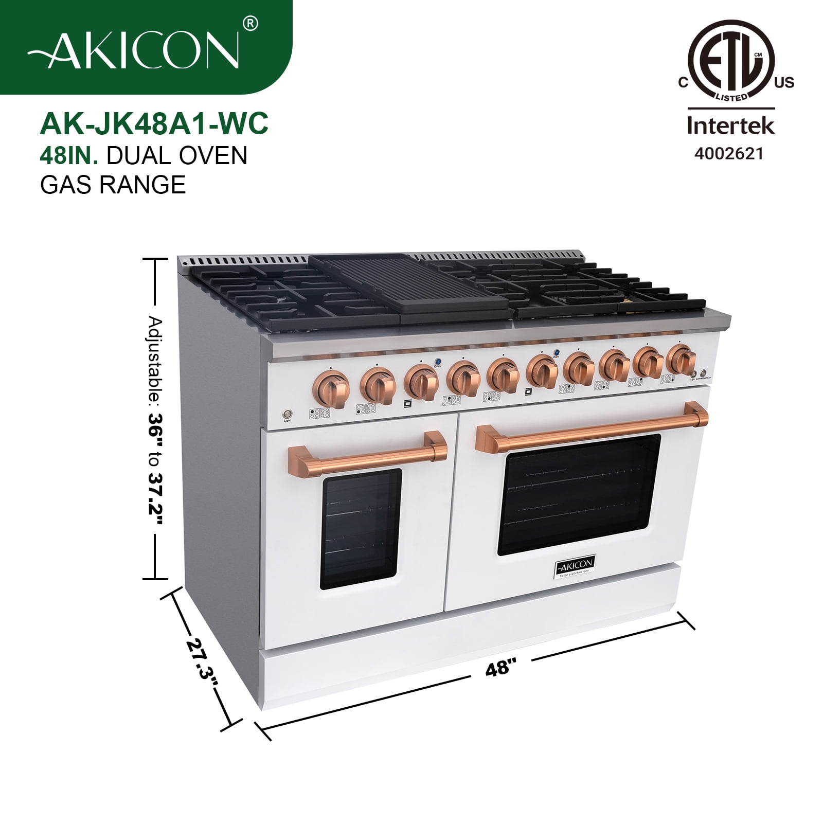 Akicon 48" Slide-in Freestanding Professional Style Gas Range with 6.7 Cu. Ft. Oven, 8 Burners, Convection Fan, Cast Iron Grates. White & Copper