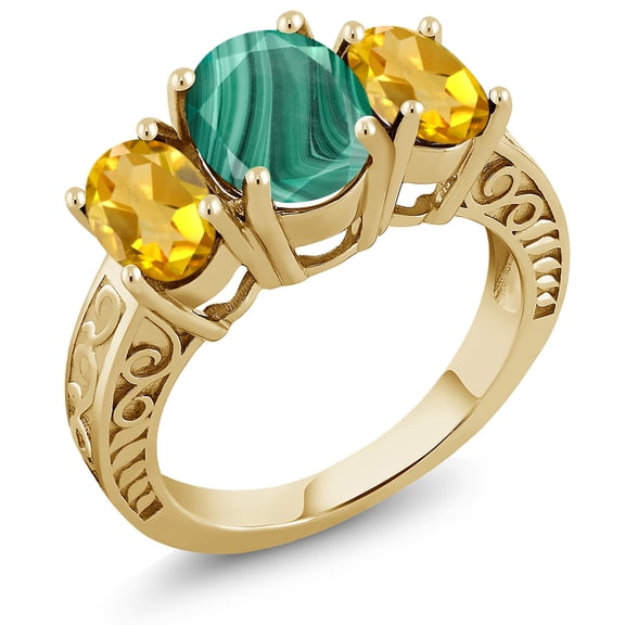 Gem Stone King 4.00 Ct Oval Green Malachite Yellow Citrine 18K Yellow Gold Plated Silver Ring (Size 9)