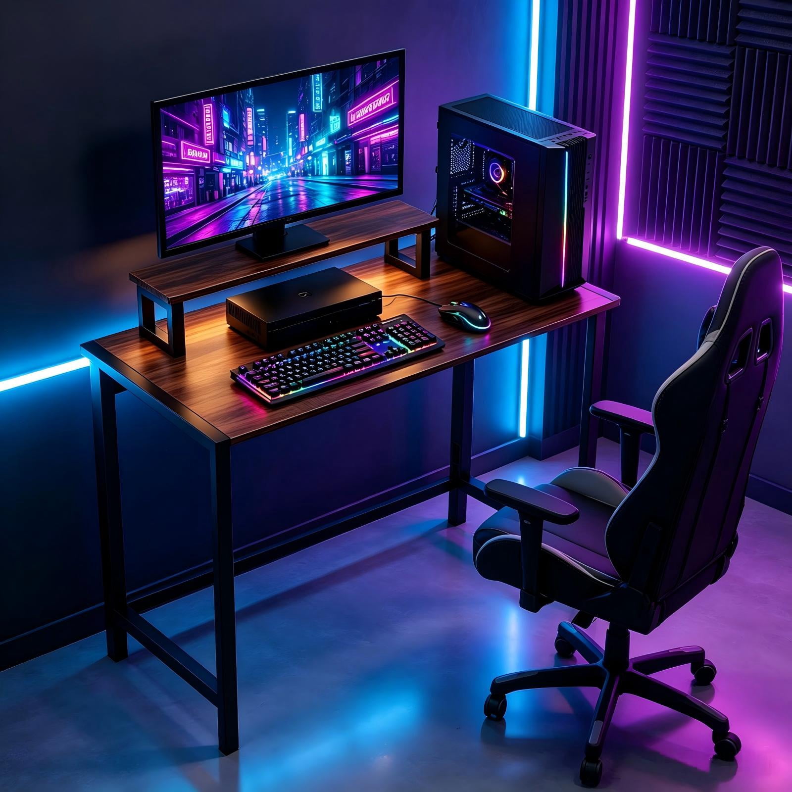 31.5 in Foldable Gaming Desk with Shelf and RGB Light, Brown & Black