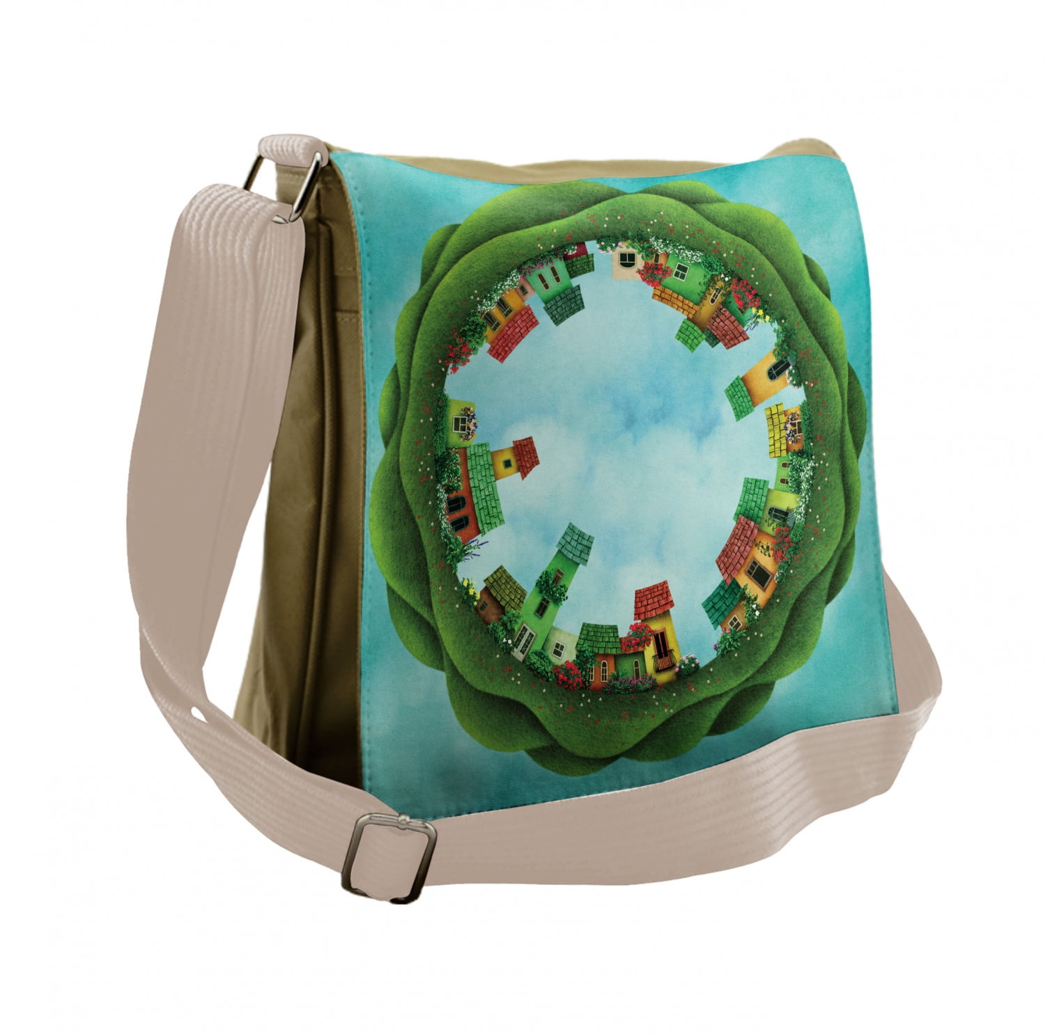 Fantasy Messenger Bag, Small Town Round Artwork, Unisex Crossbody, by Ambesonne
