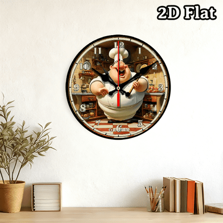 Whimsical 2D Flat Chef-Themed Wall Clock with Kitchen Shelf Background – Charming Cartoon Chef Design, Bold White Numerals, Quartz Movement, Perfect Decor for Home Kitchen, Diner Space,