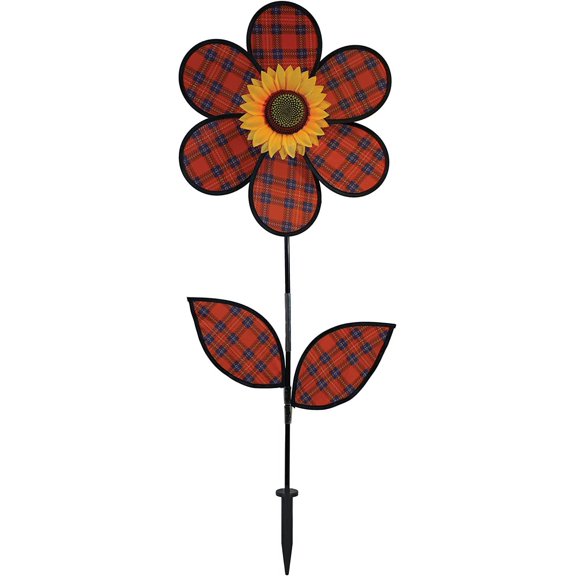 In the Breeze 2651 — 16-Inch Red Plaid Sunflower Spinner with Leaves — Colorful Flower Wind Spinner for Yards and Gardens