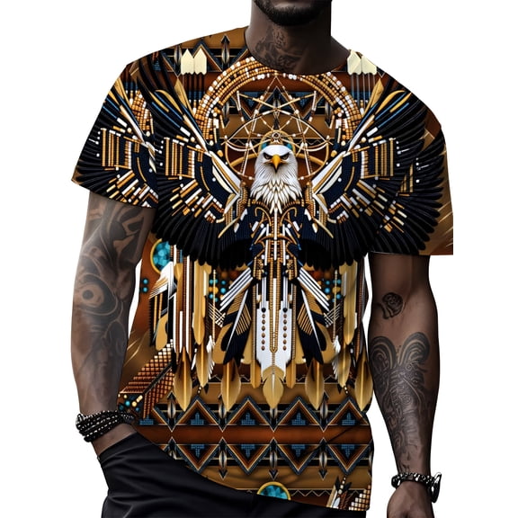Men's T-shirt, designed by the Eagle Tribe, inspired by African geometric patterns, short-sleeved design, with native American elements, perfect for casual outings
