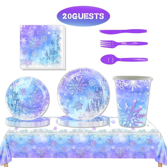 JMOCD 141Pcs Purple Princess Frozen Party Tableware Set, Birthday Party Supplies Decorations Set, tablecloth,Plates, Cutlery,Cups,20 Guests