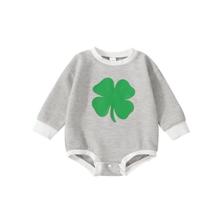 

Nokpsedcb St. Patrick s Day Baby Boys Girls Romper Long Sleeves Round Neck Four-leaf Clover Print Cute Jumpsuit Grey 12-18 Months