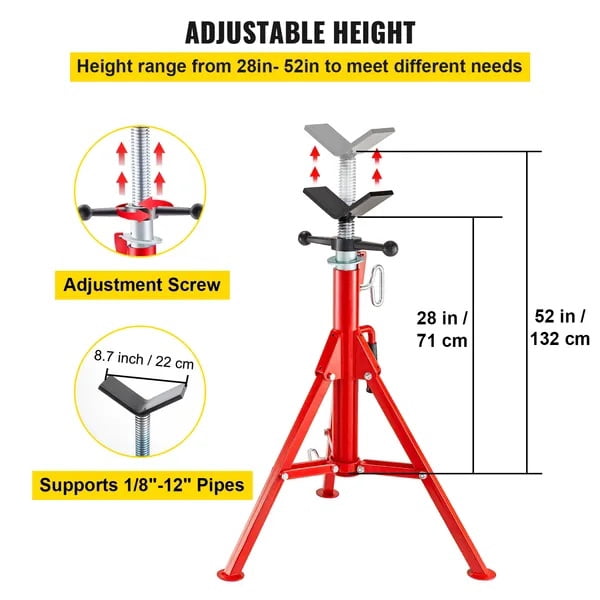 V Head Pipe Stand Adjustable Height, Pipe Jack Stands 2500 LB. Capacity, Folding Portable Pipe Stands 1/2 to 12 Inch Pipe Supporting, Steel Jack Stands