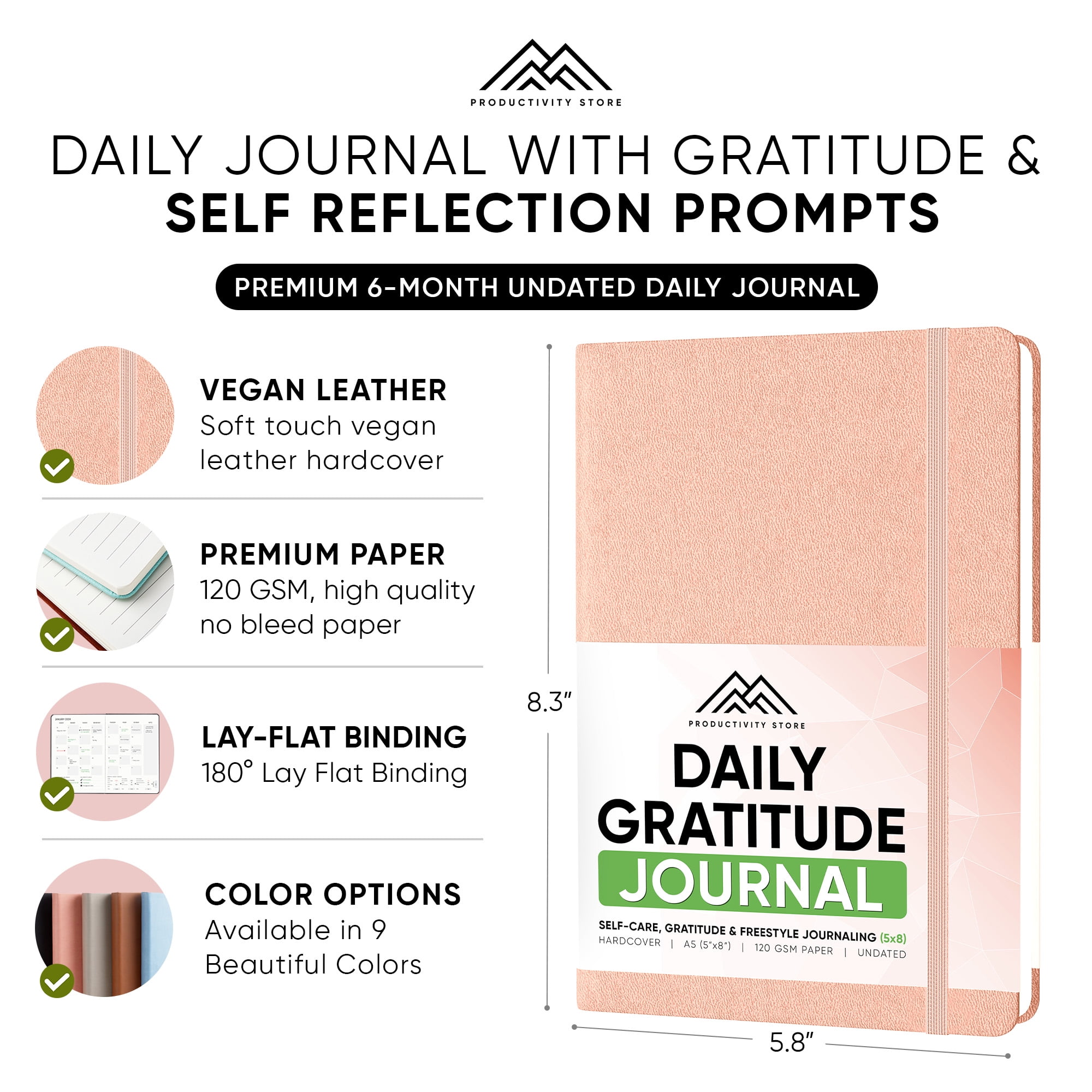 Productivity Store Daily Gratitude Blank Diaries and Journals, Pink, 5 in x 8 in