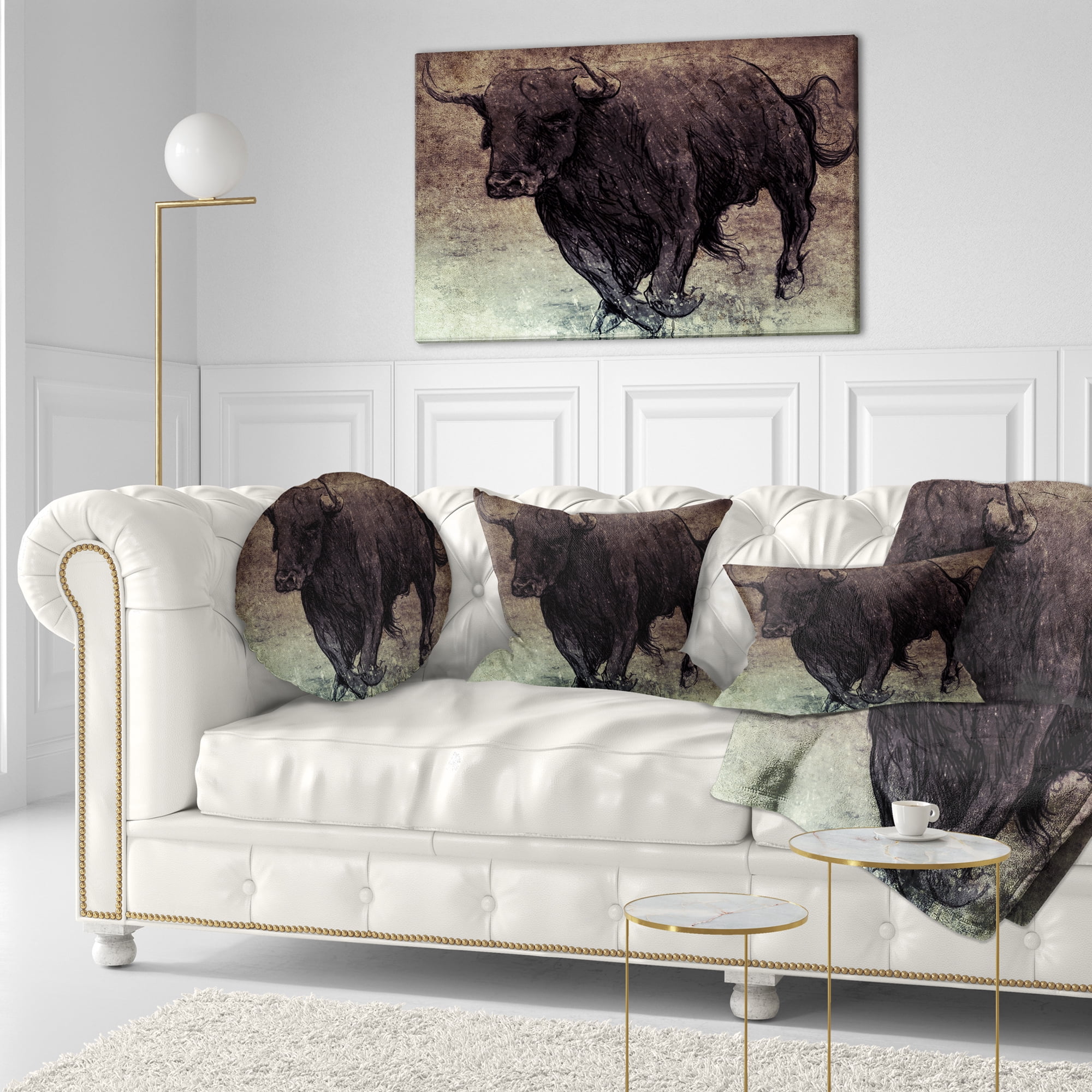 Designart Bull Running on Vintage Paper - Animal Throw Pillow - 12x20